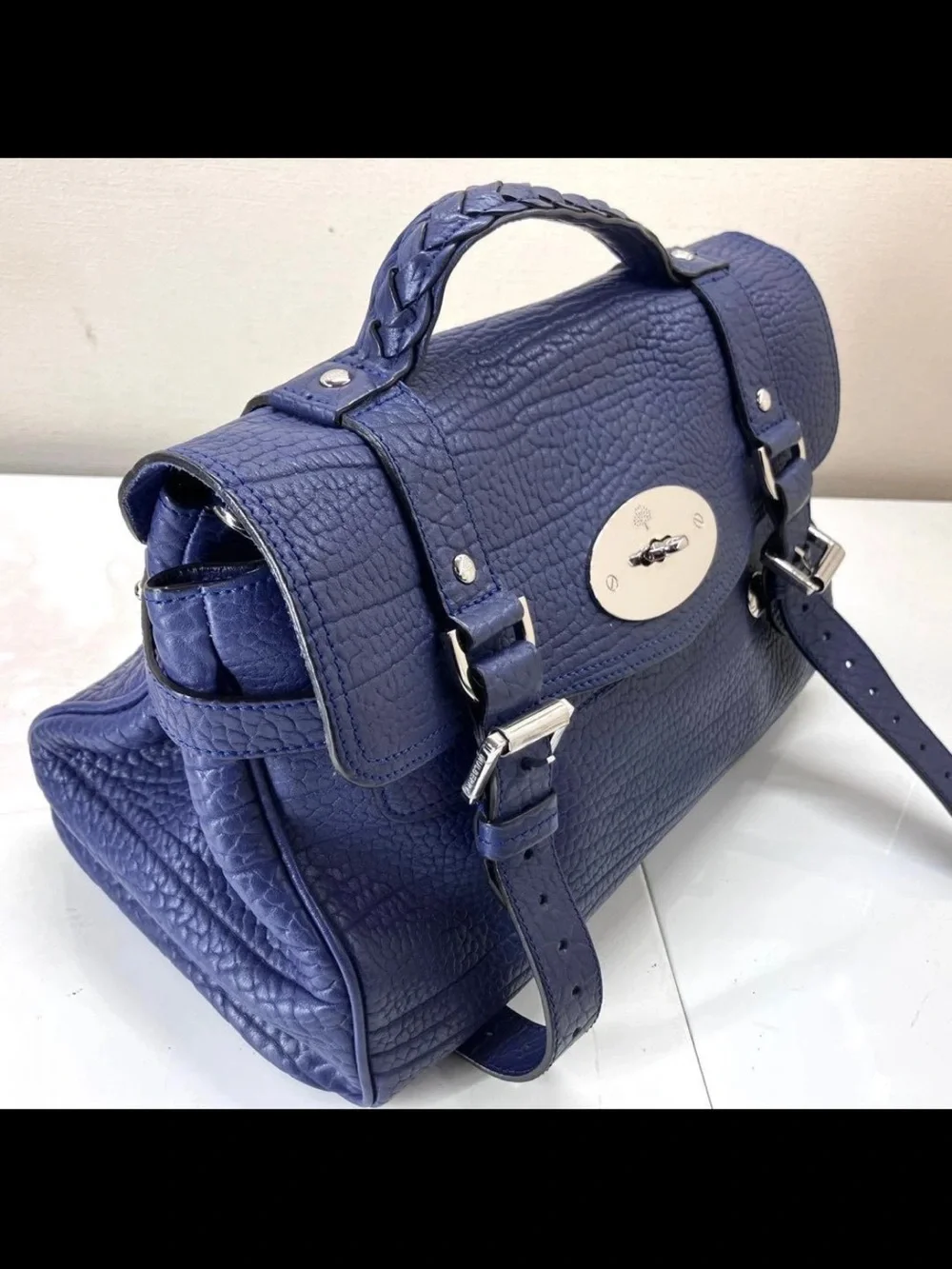 Mulberry Deep Blue Textured Leather Satchel with Top Handle